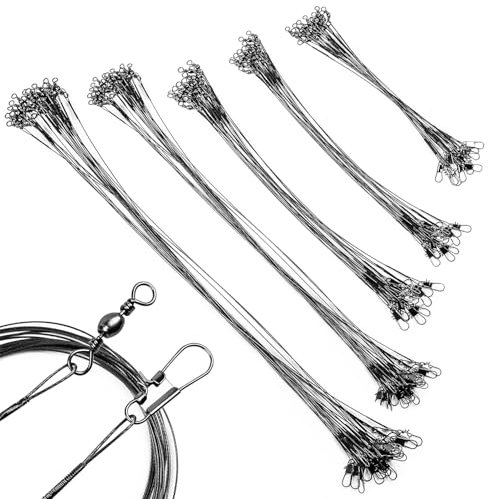 50 Pezzi Leader Filo da Pesca in Acciaio Inossidabile, Anti Morso Pesca Terminali Acciaio, Lenze in Acciaio Inox con Girella(10cm/15cm/20cm/25cm/30cm)