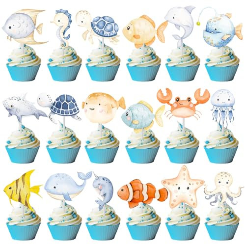 Meerestiere Cupcake Toppers Dekoration, 36 Stück Geburtstag Tortendeko Unterwasserwelt, Meerestiere Deko für Torte, Meerestiere Cake Topper, Kuchen Topper für Geburtstag Taufe Baby Shower