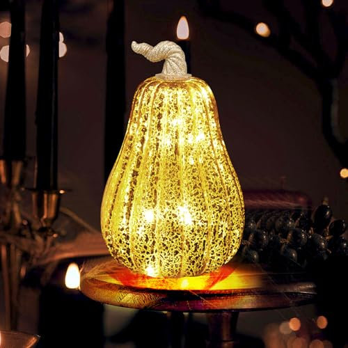 YiYa Herbstdeko Kürbis Deko Groß Gold Glas Kürbis Dekor Halloween Deko Kürbis Kürbis Deko Figuren für Tischdeko, Party, Herbst Dekoration Halloween (Bogenförmig)