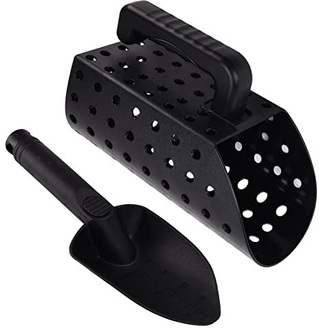 Pelle à sable et pelle - Accessoire de recherche pour détecteur de métaux pour adultes et adultes - Passoire à sable - Outil de chasse au trésor et de creuser sur la plage et plus encore - Noir