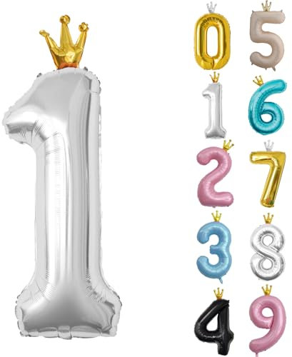 40inch Birthday Balloon,Silver Number 1 Balloon,0-9 Large Foil Age Balloon with Crown for 1st,10th,11st Girls Boys Kids Birthday,Self Inflating Digital 1 Balloons,Birthday Party Decorations Supplies