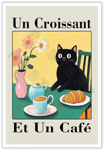ZTCYBWH French Cafe Croissant Katzendruck, Retro-Getränkeposter & Bistro-Kaffee-Poster Un Café S'il Vous Plait, Küchendekoration, Leinwand, Wandkunst für ästhetische Raumdekoration, 30,5 x 40,6 cm,