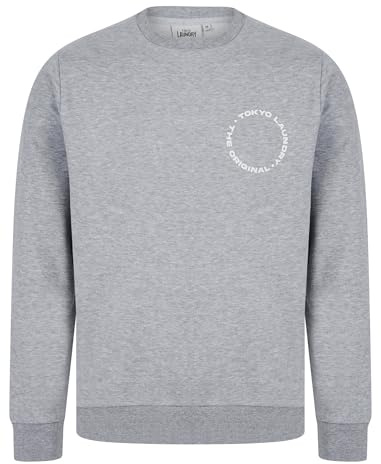 Tokyo Laundry Men's Graphic Motif Brushback Fleece Pullover Crew Neck Sweatshirt with Back Print Light Grey