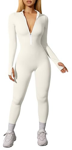 OQQ Damen Sport Jumpsuits Langarm Lässig Freizeit Reißverschluss Nahtlos Yoga Overalls für Frauen Beige