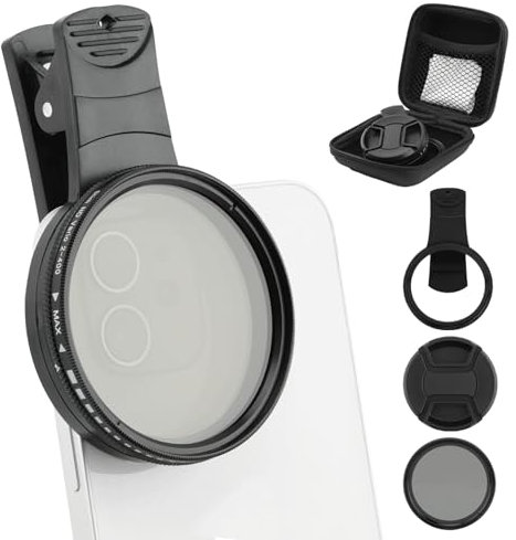 Tookie 52 mm variabler ND2-ND400-Filter, Clip-On-Handy-Objektiv-ND-Filter-Set, mehrfach beschichteter verstellbarer Graufilter, kompatibel mit iPhone, Samsung/Android-Smartphones (schwarz)