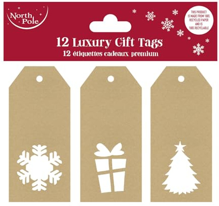 Eurowrap Christmas Brown Kraft Die Cut Gift Tags Xmas - Pack of 12-3 Assorted Designs - Eco Friendly Product - Gift Tags for Presents - Gift Wrap for Christmas - Christmas Wrap