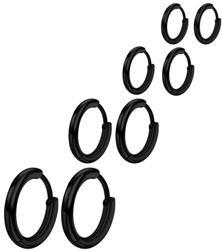 4 Paar Schwarz Creolen Edelstahl Kleine Hoop Damen Ohrringe Edelstahl Ohrringe Set Schwarz Creolen Hypoallergen Kleine Ohrringes für Damen Herren, 6/8/10/12 mm