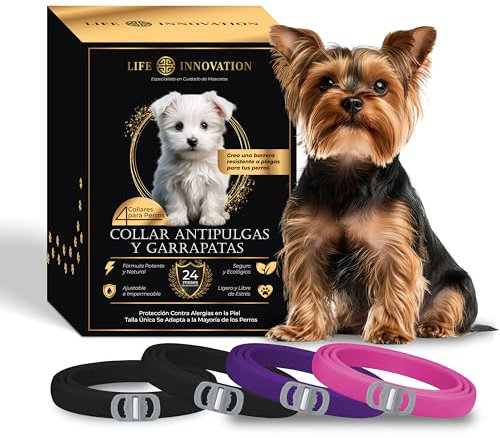 Pack 4 Collares Antiparasitarios para Perros, 24 Meses de Protección contra Pulgas, Garrapatas y Mosquitos - 100% Natural, Impermeable, Ajustable, para Todos los Tamaños.