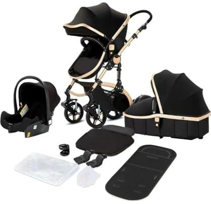 Baby Buggy, Baby Pram, Pushchair, 3 in 1 Travel System, Foldable Stroller, Lightweight Folding All in One Stroller, Portable Baby Carriage for Newborns and Toddlers Aluminium Frame Black - Rose Gold