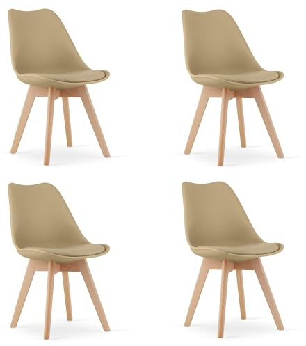 Best For Home | Dunkelbeige Esszimmerstühle | 4er-Set Küchenstühle mit Holzbeinen | Stühle mit Ledersitzkissen | Moderne Stühle für Küche & Esszimmer | Stuhl-Set in Dunkelbeige