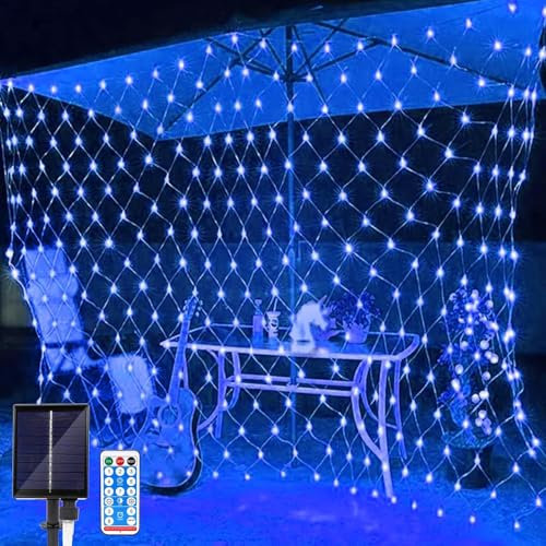 SIOOUI Lichternetz Solarleuchten Außen, 1.5 m x 1.5 m, 96 LEDs Solarbetriebene Netzlichter, mit Fernbedienung & 8 Modi, Wasserdichte Lichterkette für Weihnachtsdeko, Garten, Balkon, Zaun (Blau)