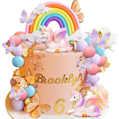 LaVenty Einhorn Kuchendekoration: Regenbogen, Schmetterlinge, Einhörner & Kugeln - Party Zubehör für Mädchen - Geburtstagskuchen Dekoration