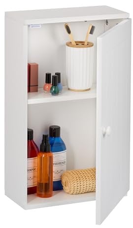 Relaxdays Badschrank, hängend, mit Tür, 2 Flexible Fächer, HxBxT: 50 x 30 x 15,5 cm, Hängeschrank für die Wand, weiß
