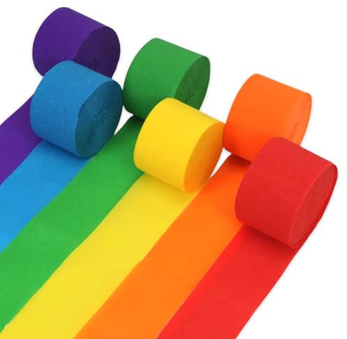 Krepppapier Bunt 6 Rollen 150 m, Krepppapier Regenbogen Kreppband Bunte Krepppapier Rainbow Luftschlangen, Kräuselpapier zur Dekoration, Crepe Papier für Geburtstag Hochzeits Partydekorationen