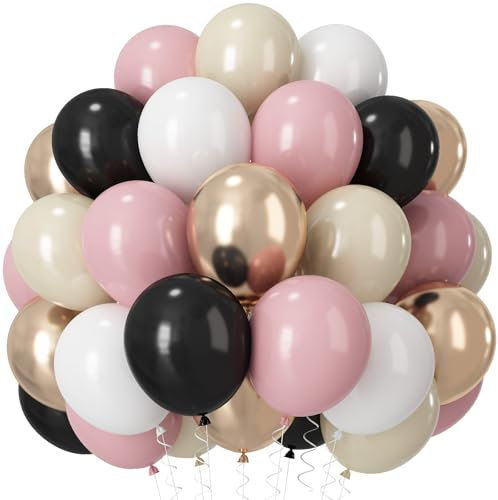 60 PCS Black and Pink Balloons, Retro Dusty Pink Ivory Sand White Black Latex Balloons with Metallic Champagne Gold Boho Party Balloon for Women Girls Birthday Baby Shower Wedding Party Decorations