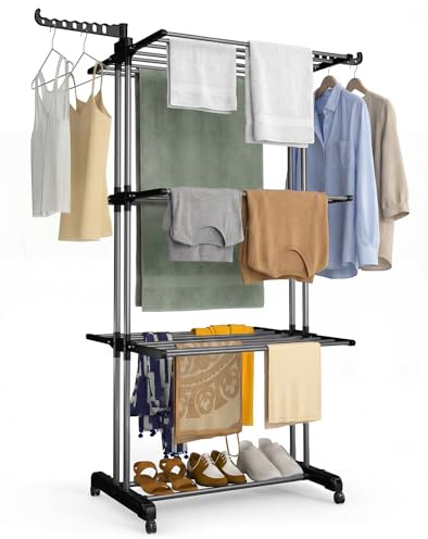 VOUNOT® 4 Tier Clothes Airer with Wheels, Large Capacity Folding Laundry Drying Rack with Side Wings, Indoor & Outdoor Use, 126 x 63 x 170 cm, Black Grey