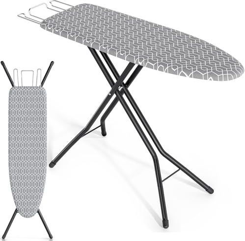 KINGRACK Standard Size Ironing Board, Folding Full Size Ironing Board, Iron Boards with Iron Rest & Adjustable Height,Heavy Duty Iron Table with Metal Legs & Thick Cover, 33 x 110 cm, Grey