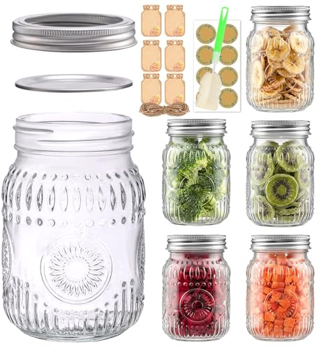 EkkoVla 6-Pack 500ml Glass Mason Jars with Airtight Lids | BPA-free, Food-safe Embossed Jars for Preserving, Pickling & DIY Crafts