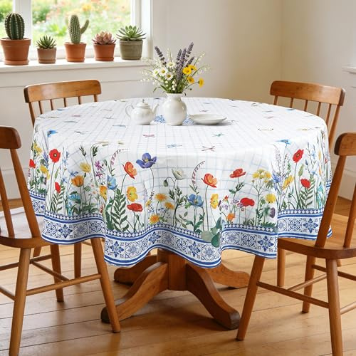 Arquiel Frühling Blumen Polyester Tischdecke Rund Ø 180 cm Waschbar | Waschbare Polyester-Tischdecke mit Blumen-Motiv, wasserabweisend und pflegeleicht für Küche, Esszimmer, Feste und Feiern.