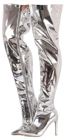 Stivali da donna con piattaforma a specchio, punta a punta, punk, tacchi alti e sottili, sopra il ginocchio, stivali lunghi autunno inverno zip casual scarpe da festa, Argento, 39 1/3 EU