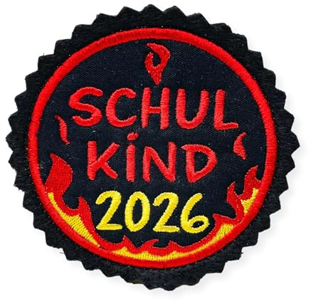 ZauberDrum Klettie Schulkind 2026 mit Flammen für die Schulmappe, 8cm rot und schwarz, passend für Ergobag Schultaschen