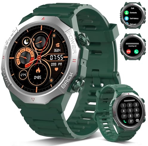 Militär Smartwatch Herren Damen, Smart Watch mitTelefonfunktion 1,39 Touchscreen, Herzfrequenzmonitor Schlafmonitor IP68 Wasserdicht Sportuhr, 110+ Sportmodi Fitnessuhr für iOS Android, Grün