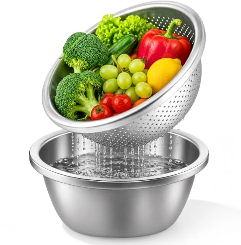 Ehanfus Passoire et Bol en Acier Inoxydable, Saladier Passoire 22cm | Edelstahl Seiher Schüsselset Inox pour Fruits, Légumes Pâtes (Argent)