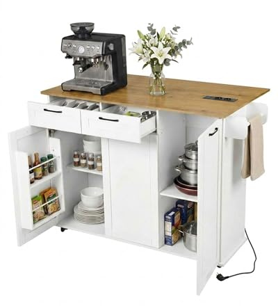 Ginhow Isla de Cocina con Enchufe y encimera Plegable Mueble Auxiliar de Cocina con Ruedas aparador Cocina con 2 cajones y 2 Puertas Mueble Cocina Blanco 120 x 74 x 94,5 cm