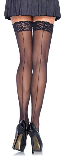 Leg Avenue Women's Plus Size Sheer Lace Top Stockings with Back Seam, Black