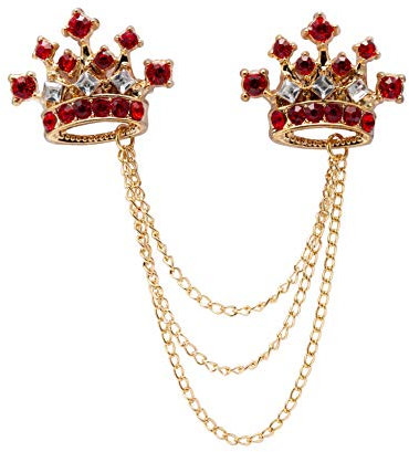 Broche pour homme - Pierre rouge avec couronne dorée - Chaîne en cristal - Pour manteau, costume, cadeau de mariage, fête, col de chemise, accessoires, Métal
