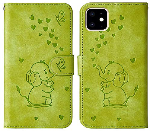 Tiyoo Embossed Love Heart Phone case for iphone 11 Elephant Butterfly Pattern Folding Stand PU Leather Wallet Flip Cover Protective Case with Card Slots, Magnetic Closure (Green)