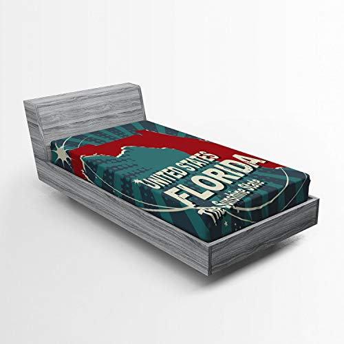 ABAKUHAUS Florida Spannbetttuch, Retro Altstadt Karte USA, Soft Dekorativer Stoff Bettwäsche Rund-um Elastischer Gummizug, 90 x 200 cm, Rubin Meeresgrün