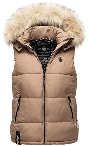 MARIKOO Damen Winter Weste Steppweste mit Kapuze und Fellkragen B896 [B896-Eisflöckchen-Taupe-Gr.S]