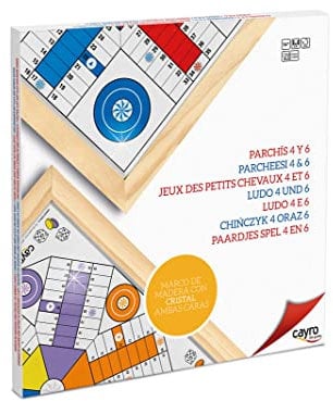 Cayro - Tablero Parchís para 4 y 6 Jugadores - Tablero de Cristal Reversible - Marco de Madera - Juego de Mesa Familiar - Juego Tradicional - Duradero y Fácil de Transportar - Diversión Garantizada