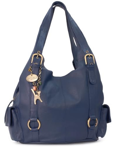 Catwalk Collection Handbags - Damen Leder Schultertasche - Handtasche Groß - Hobo Bag mit Viele Fächer - Alex - Blau