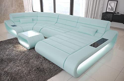 Wohnlandschaft Concept U Form Sofa in Leder - mit LED Beleuchtung, ergonomische Rückenlehnen, Recamiere/Lederfarben wählbar/Ausrichtung Ottomane wählbar (Ottomane rechts, Mint)
