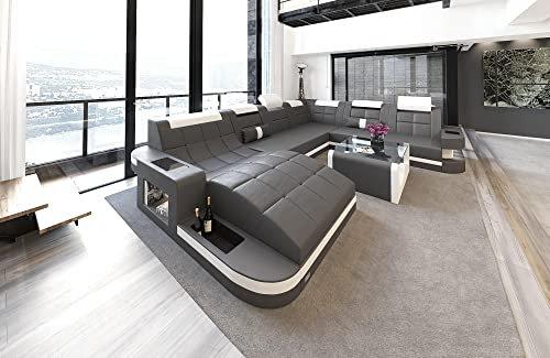 Wohnlandschaft Wave XXL Sofa U Form in Leder - mit LED Beleuchtung, verstellbare Kopfstützen, Recamiere/Lederfarben wählbar/Ausrichtung wählbar (Ottomane Links, Grau-Weiß)