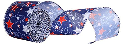 GNGR Patriotisches verdrahtetes Band Stars and Stripes blaues und rotes verdrahtetes Band USA-Flaggen-verdrahtetes Rand-Band für Unabhängigkeitstag 4. Juli-Tag Geschenkpapier Und Silber (E, One Size)