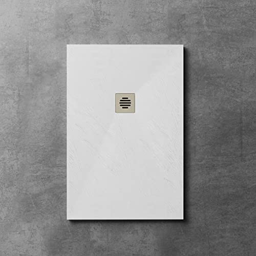 Plato de ducha Resina - Antideslizante Textura Pizarra - Blanco - Disponible en varios tamaños - Incluye válvula desagüe+inoxidable rejilla -90x100x3cm