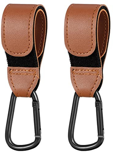Fuyamp 2 Pack Brown Leather Style Buggy Clips,Pram Hooks Pram Clips for Hook Your Shopping Bags Safely on Your Pushchair or Stroller Clips,Shopping Bag and Changing Bag Holders for Pushchairs