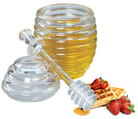 Pot de Miel Transparent, Pot de Miel en Nid d'abeille Pot de Miel d'abeille avec Tige d'Agitation, Adapté au Distributeur de Récipient de Miel de Cuisine à Domicile