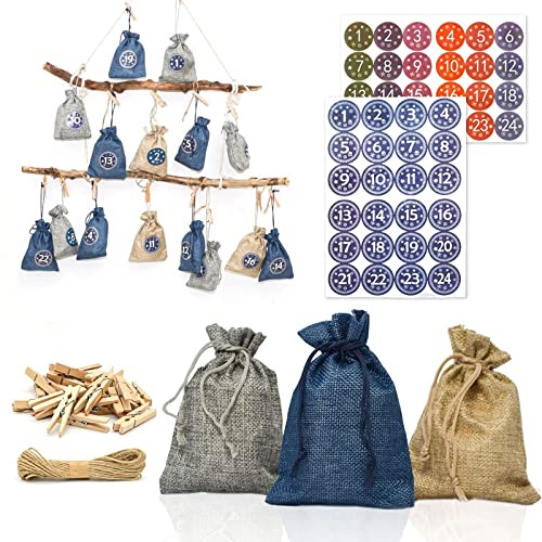 PERFEKT FÜR 2022 Kompletter Adventskalender zum Befüllen 24 Stoffbeutel Adventskalender Kette Deko Adventskalender Sticker Weihnachtsdeko Beutel Geschenktüten Adventskalender Kinder