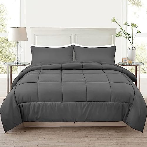 PHF Flauschige Bettdecke 200x200cm, Atmungsaktive Ganzjahresdecke 300GSM Füllung, Super Weich Steppdecke Schlafdecke Dark Grey,Dunkelgrau