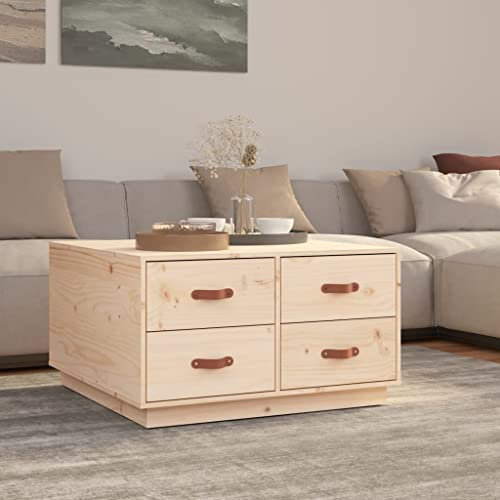 INLIFE Couchtisch 80x80x45 cm Massivholz Kiefer,Braun,24.9KG