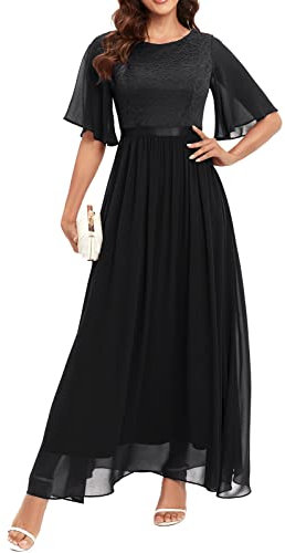 Bbonlinedress Abendkleider elegant für Hochzeit Spitzen Chiffon Ärmel Kleid festliches Brautjunferkleid Maxi Bridesmaid Dress Partykleid Abschlusskleid lang Ballkleid Black S