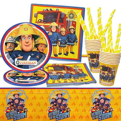 Feuerwehrmann Partygeschirr, Feuerwehrmann Geschirr Set, 73Pcs Feuerwehrmann Party Set mit Teller Tasse Tischdecke Servietten