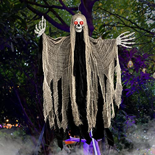 Halloween Skelett Geister Hängende gartendekoration: Sensenmänner mit rot leuchtenden Augen - gruselige Geister - Requisiten für den Innen und Außenbereich hängende Horror Szenen Dekoration (Skelett)