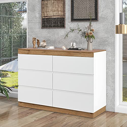 Merax Nachttisch Weiß, Nachtschrank mit 6 Schubladen, Aufbewahrungsfunktion, Nachtkommode aus Holz mit viel Stauraum für Schlafzimmer, Wohnzimmer, E1-Spanplatte, 110 x 67,3 x 40 cm (B/H/T)