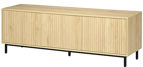 HOMCOM Meuble TV Banc TV jusqu'à 65 Pouces 3 armoires 2 passages de câbles avec étagère réglable - 150 x 40 x 51 cm Naturel