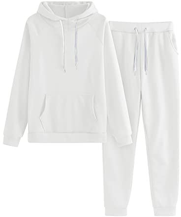 IQYU Tuta da jogging da donna, in cotone, invernale, da donna, taglie grandi, per il tempo libero, a maniche lunghe, con cappuccio, tuta sportiva e pantaloni sportivi, bianco, Large